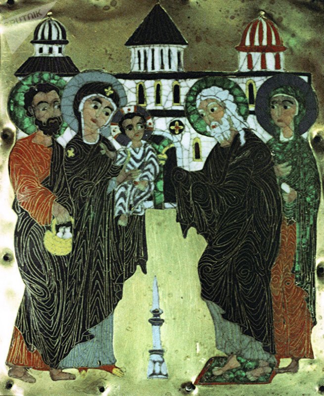 Икона с изображением "Сретение". XII век. Грузинская перегородчатая эмаль © sputnik/ eduard pesov
